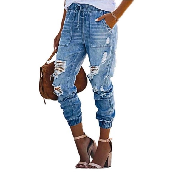 Indigo Rein Distressed Denim Joggers New w/o tags, size L - Picture 2 of 3